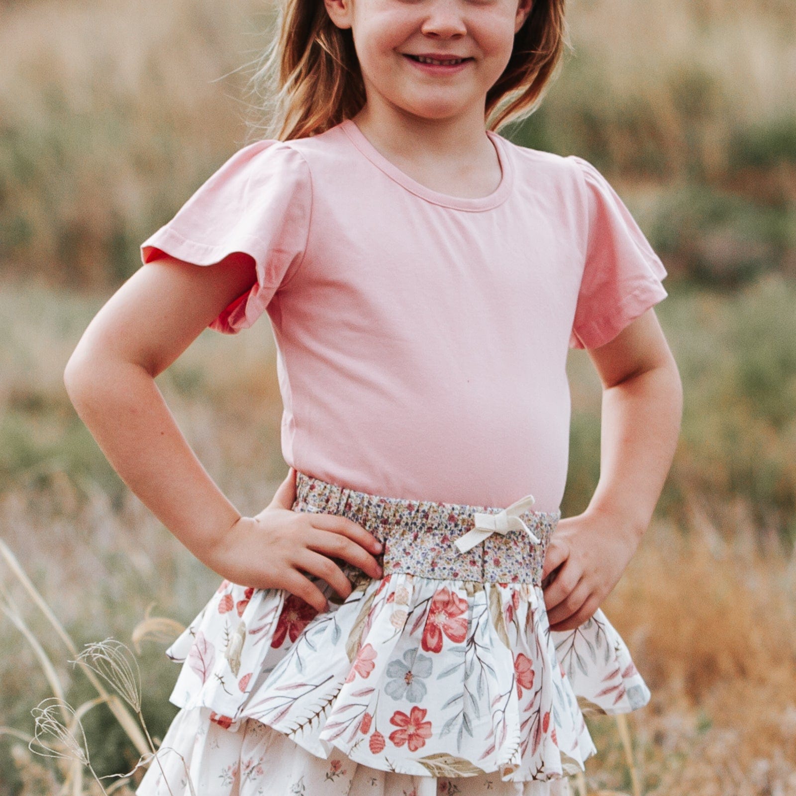 Peach Pink Girls Frill Sleeve Top